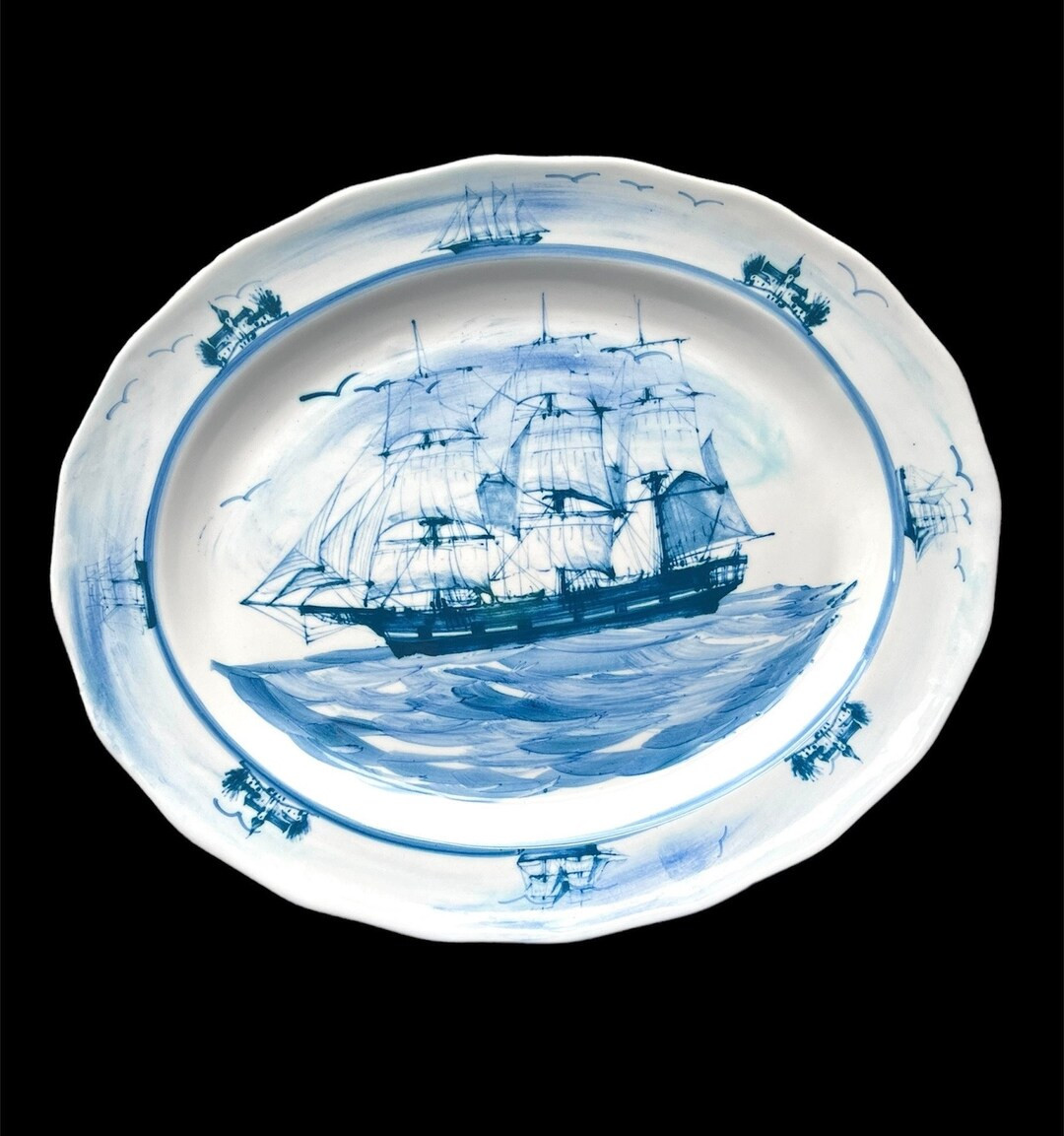 Rare Nautical Serving Platter Large Vintage Oxney Green Blue and White English China England Clip... | Etsy (US)