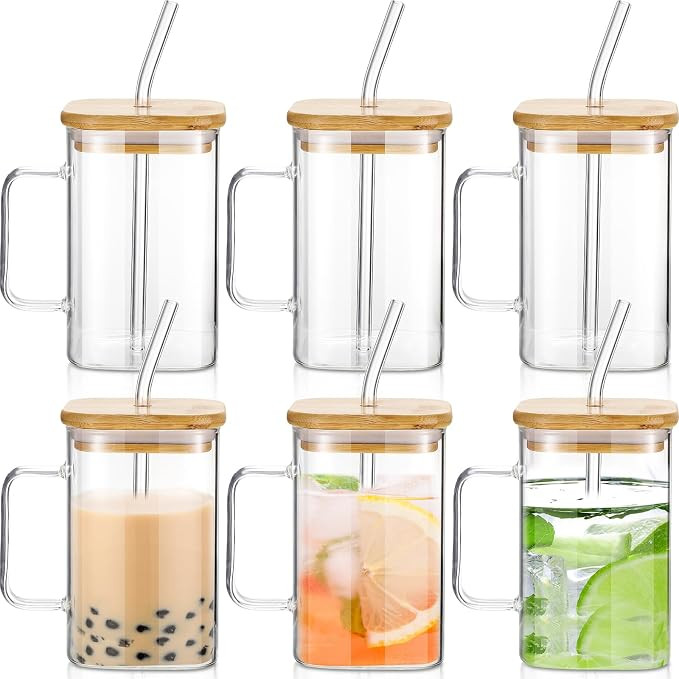 Rtteri 6 Set Glass Cups Square Drinking Glasses with Bamboo Lid Straw and Handle Appreciation Gif... | Amazon (US)