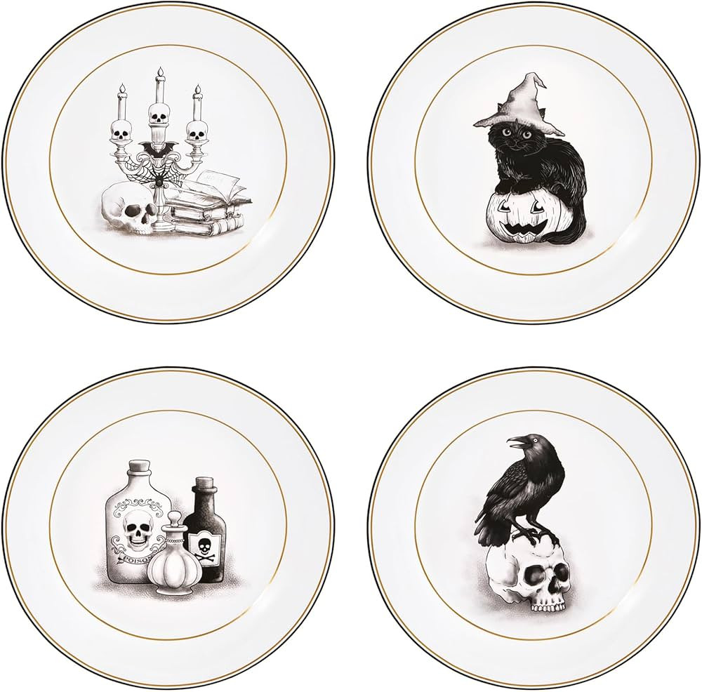 Bico Golden Vintage Halloween Black and White Ceramic 8.75 inch Salad Plates, Set of 4, Microwave... | Amazon (US)