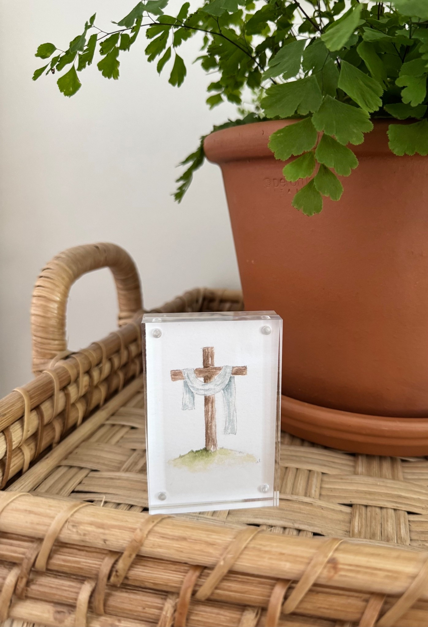 Emily Lex cross notecard. Cross mini art. Christian home decor. Acrylic mini picture frame. Serena and Lily bar cart.