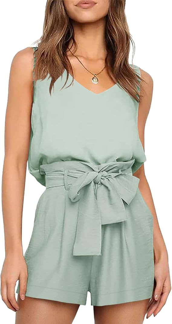 Zbyclub Womens Two Piece Outfits Summer Short Romper Jumpsuit Sleeveless V Neck Tank Top High Wai... | Amazon (US)