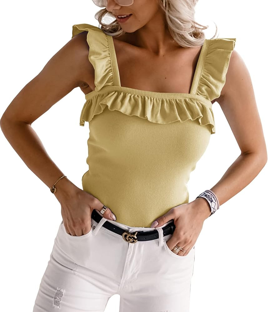 Womens Cute Sleeveless Tank Tops Ruffle Strap Square Neck Blouse Solid Color Knitted Camisole | Amazon (US)