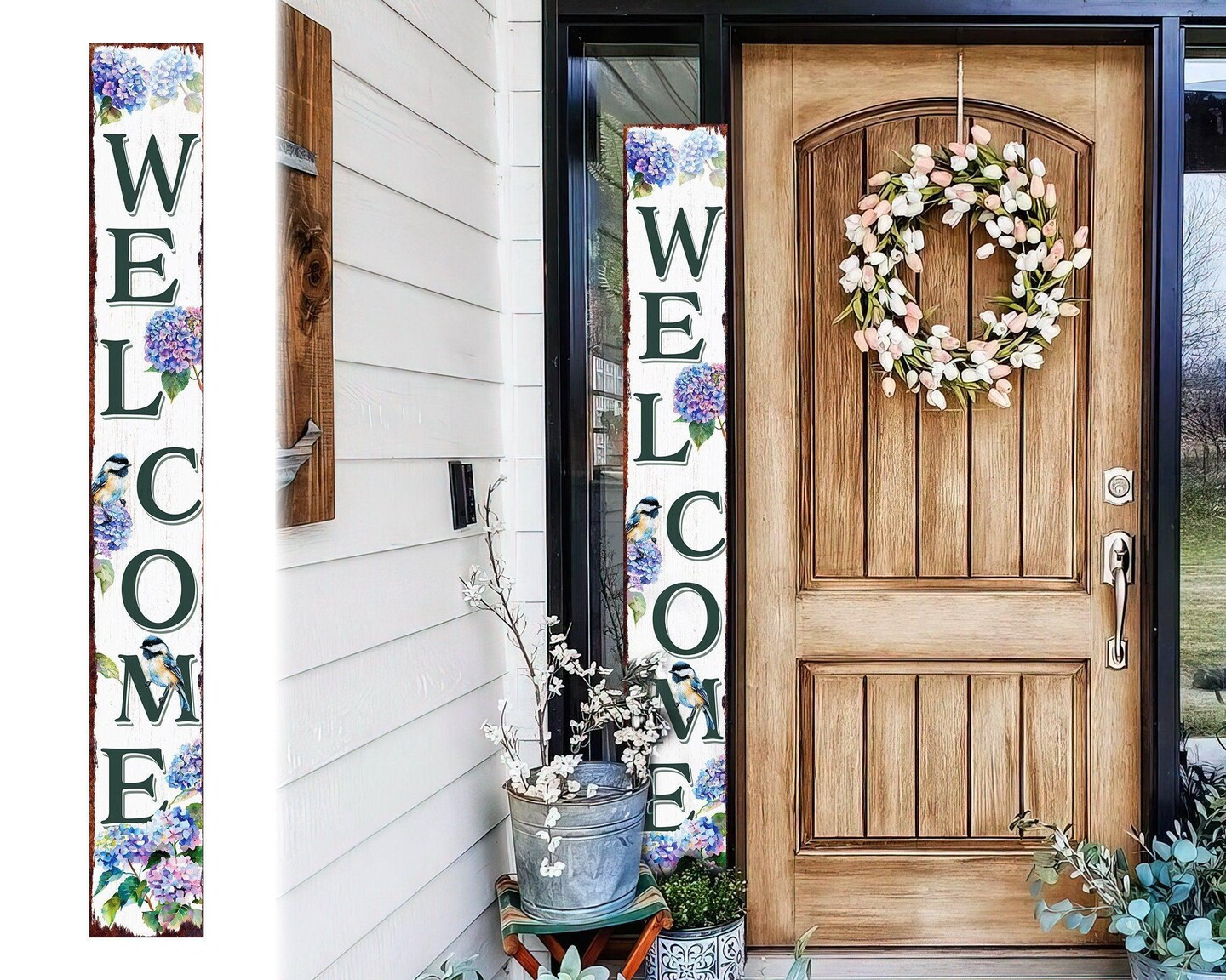 There’s just something about a tall welcome sign that makes a porch feel complete 🙌
The hydrangea + bird details give this one such a soft, classic spring charm.
Beautiful and welcoming. 

 #LTKHome