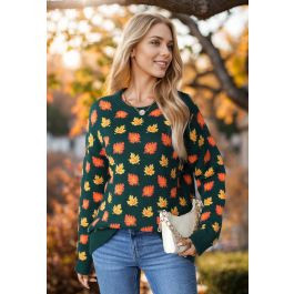 Maple Leaf Long Sleeves Oversized Knit Sweater in Green | Chicwish