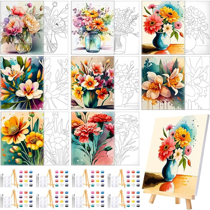 Humyoun 8 Sets 8" x 10" Flower Pre Drawn Canvas to Paint for Sip and Paint Party Floral Predrawn ... | Amazon (US)