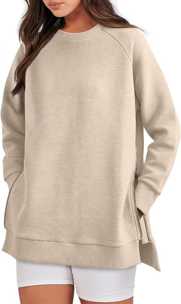 Caracilia Womens Oversized Sweatshirts Long Sleeve Crewneck Pullover Tunic Tops with Side Zipper 202 | Amazon (US)