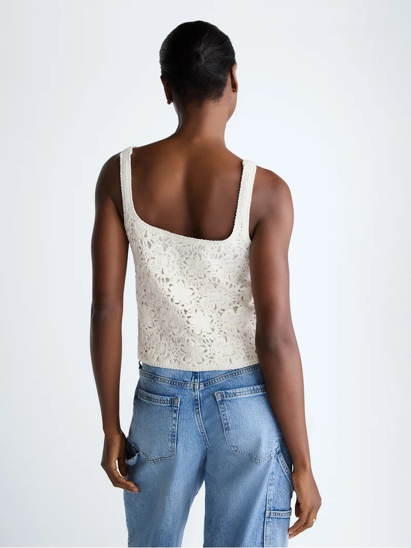 Scoop Women's Square Neck Crochet Cotton Tank Top, Sizes XS-XXL | Walmart (US)