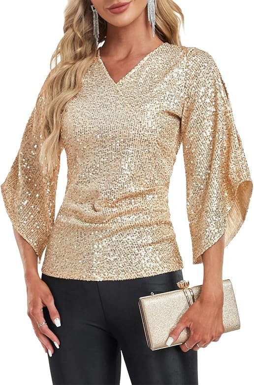 Sequin Tops for Women 3/4 Sleeve Blouse for Women Dressy Sparkly Tops V Neck Outfits for Party Gl... | Amazon (US)