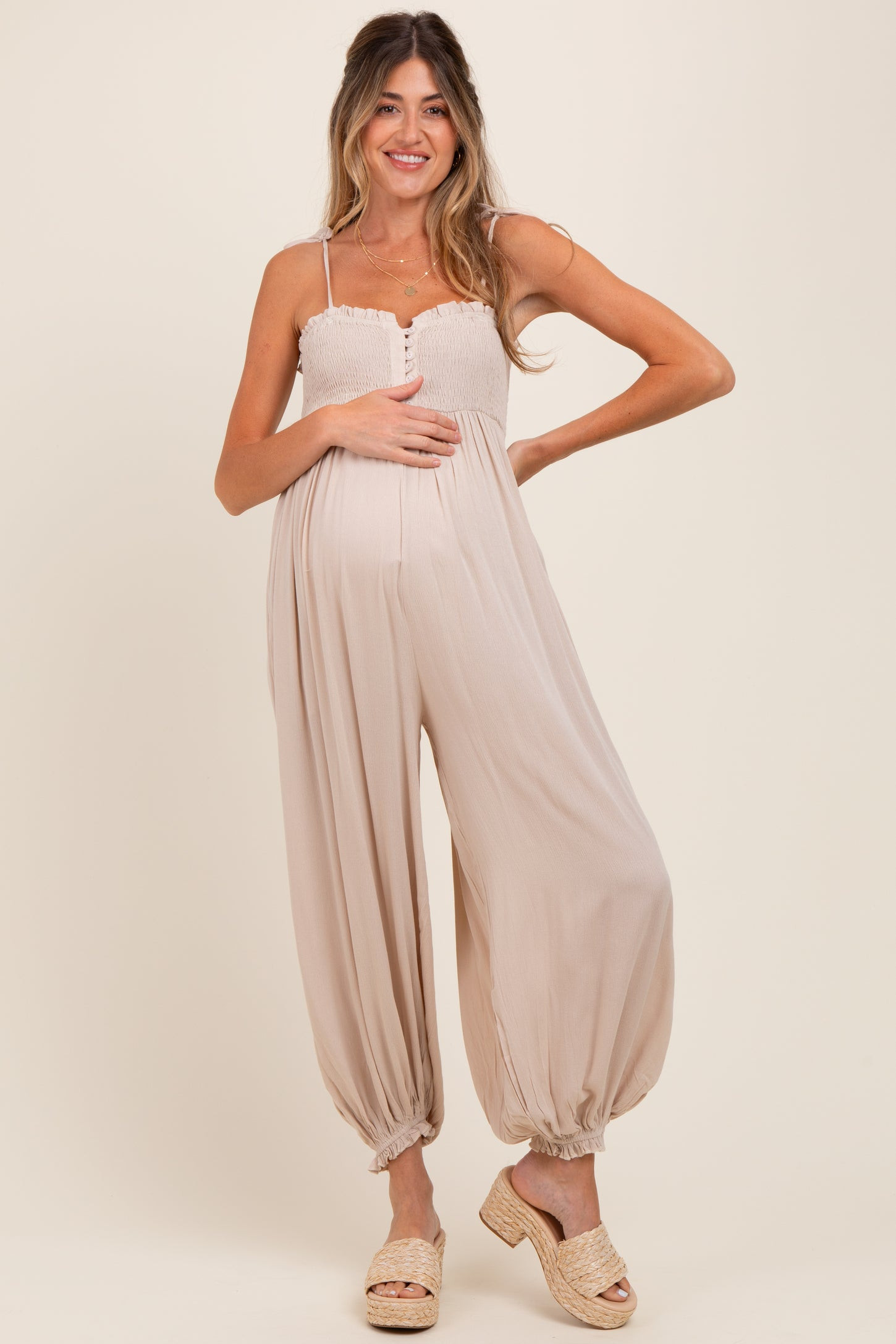 Beige Smocked Button Front Shoulder Tie Maternity Jumpsuit | PinkBlush Maternity