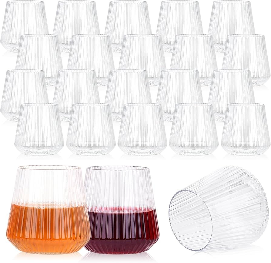 24 Pack Plastic Ribbed Wine Glasses, 14oz Stemless Disposable Wine Cups, Cute Clear Unbreakable O... | Amazon (US)