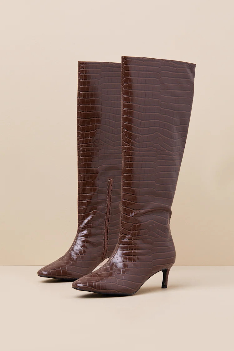 Rohmer Chocolate Croc-Embossed Over-the-Knee Boots | Lulus