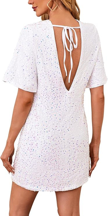 Women's Sequin Mini Club Party Dress Short Sleeve Crewneck Tie Backless Velvet Dresses | Amazon (US)