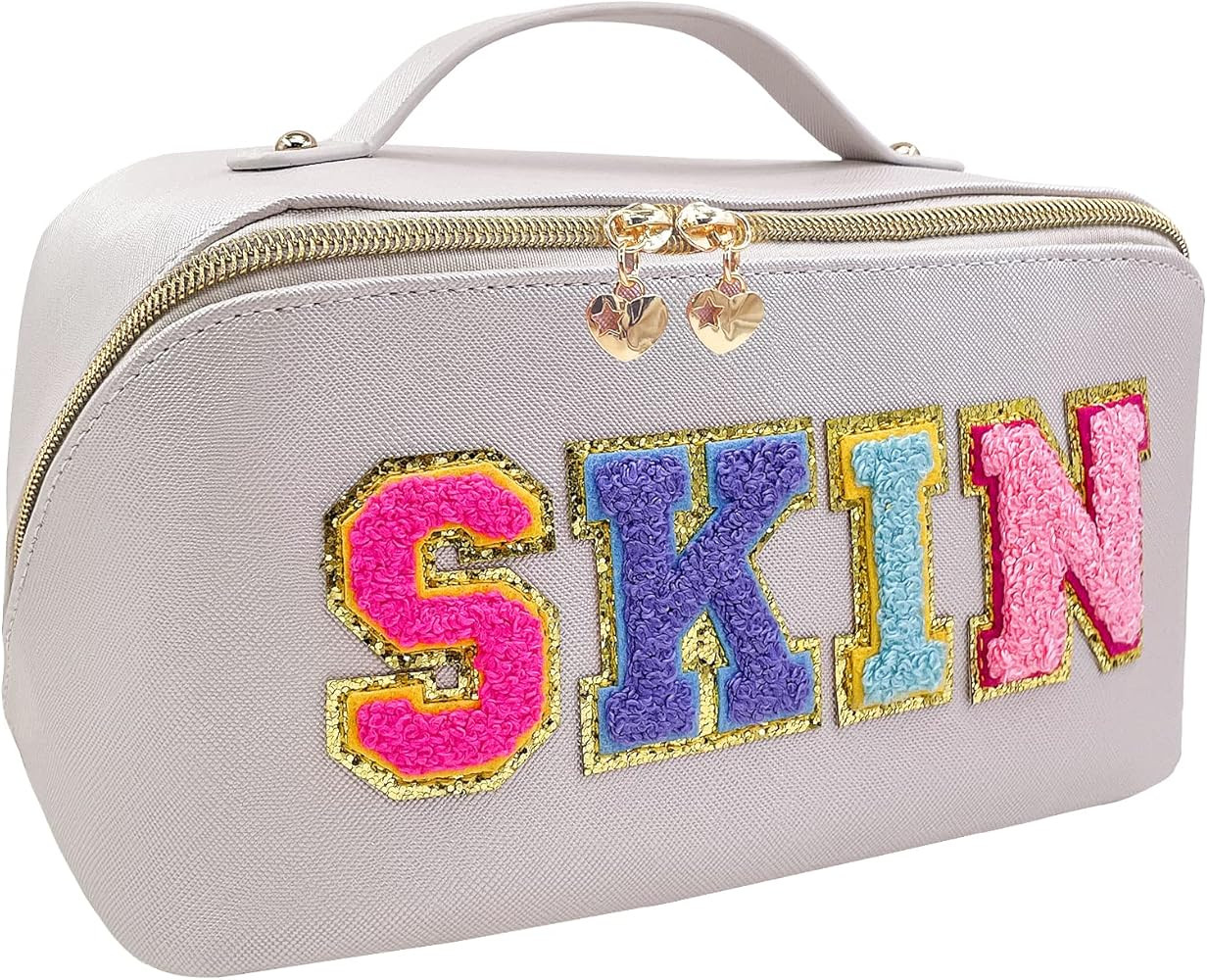 FILLYFALLA Large Capacity Zipper Travel Cosmetic Bag, Preppy Makeup Bag Organizer with Letter Pat... | Amazon (US)