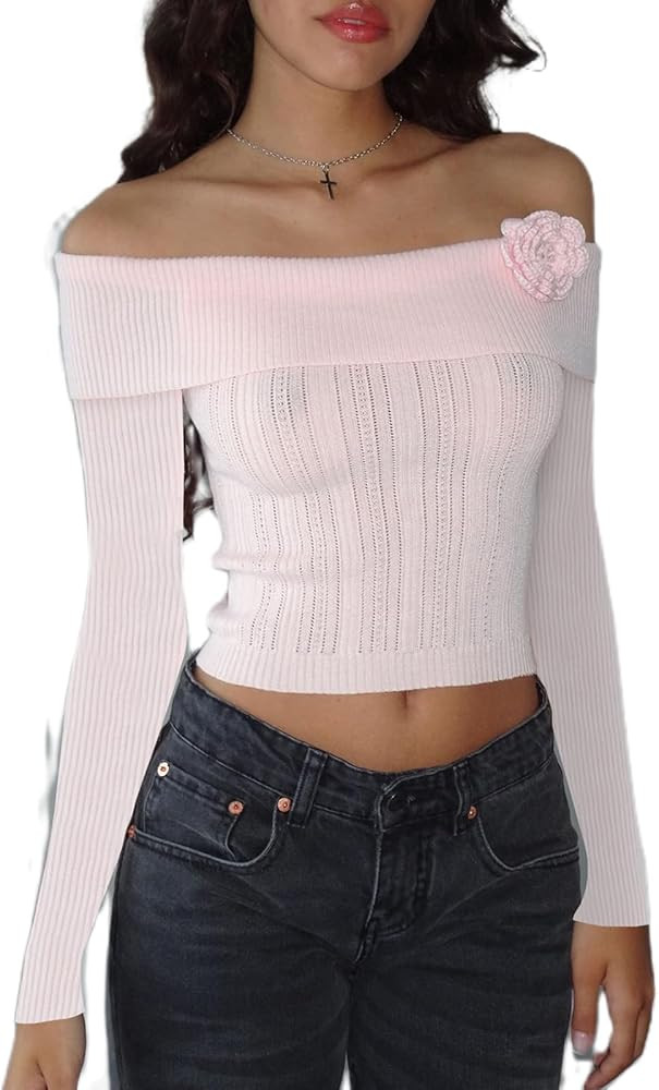 Women Off Shoulder Top Y2K Long Sleeve Lace Trim Knit Shirt Fashion Cute Solid Pullover Sweater | Amazon (US)