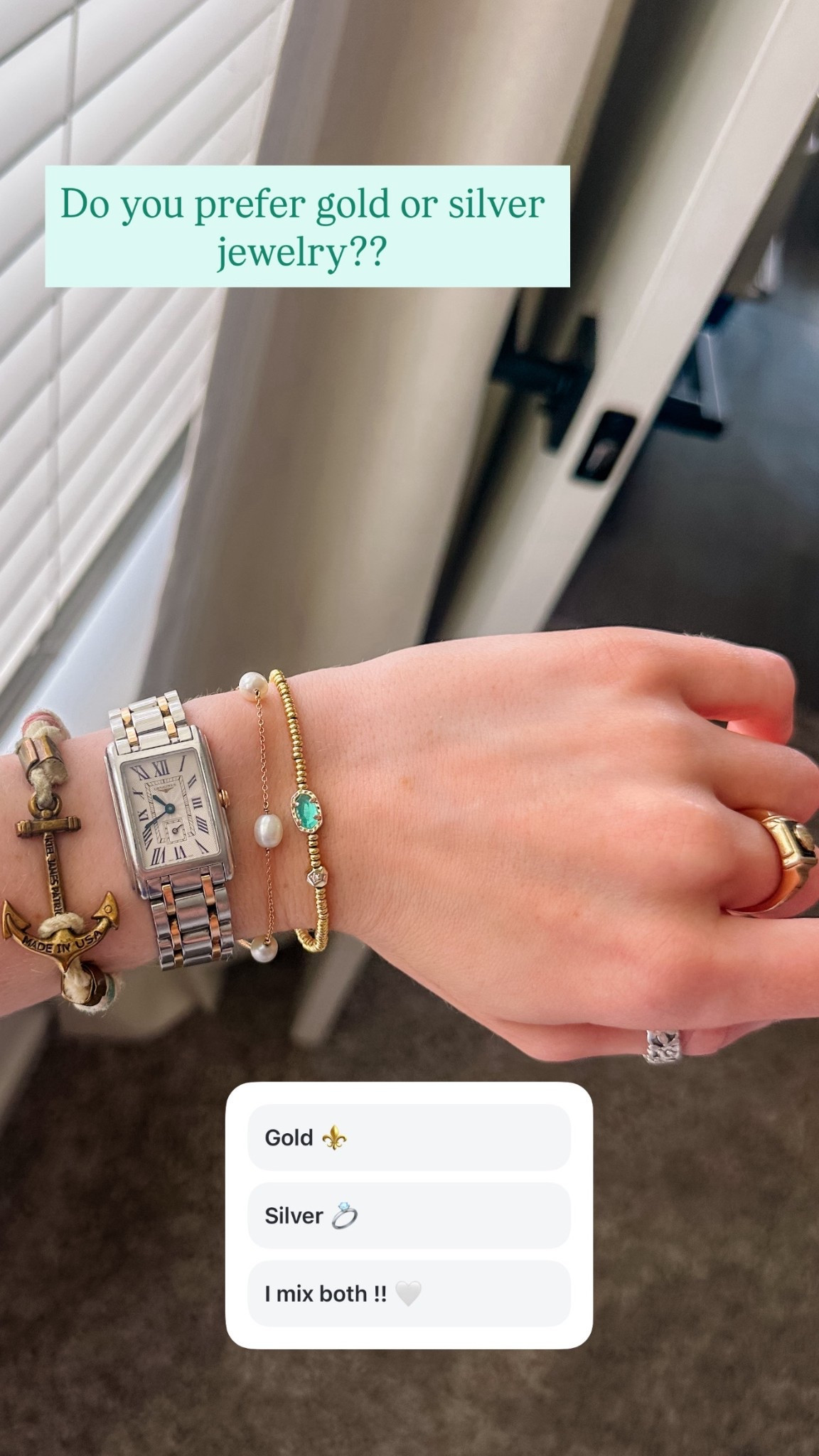 Do you prefer gold or silver jewelry?? 
Anchor bracelet: @kjp 
Watch: Longiness 
Pearl bracelet: Tiffany & Co
Gem bracelet: Kendra Scott 