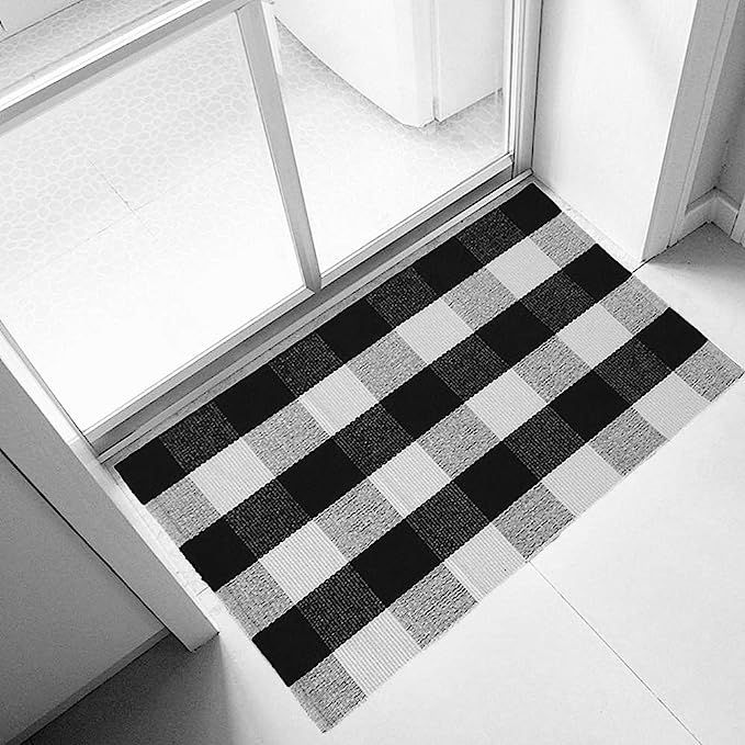 Ukeler Cotton Plaid Rugs Black/White Hand-Woven Checkered Door Mat Washable Rag Throw Rugs, 23.5'... | Amazon (US)