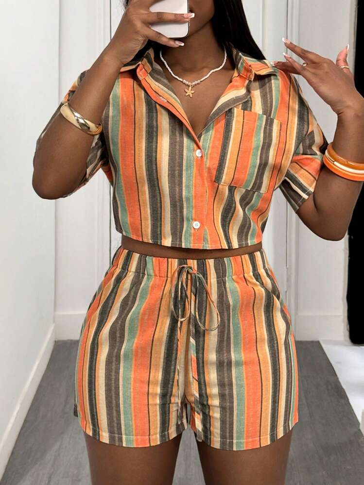 Slaydiva Spring And Summer New Casual Vacation Shirt Collar Open Placket Short-Sleeved Cropped Top + Fitted Shorts Colorful Striped Women's Two Pieces Set, Summer Sets | SHEIN
