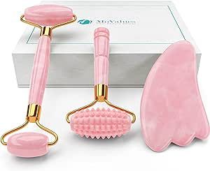 4-in-1 Jade Roller and Gua Sha Set. Rose Quartz Roller with Eye Massager, Ridged Roller For Face ... | Amazon (US)