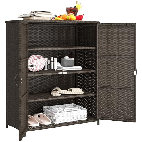 Outsunny Wicker Outdoor Storage Cabinet with Shelves, 4-Shelf Outdoor Pool Towel Cabinet with Two Doors, Rattan Patio Storage Shelves for Garden, Backyard, Porch, Dark Coffee | Amazon (US)