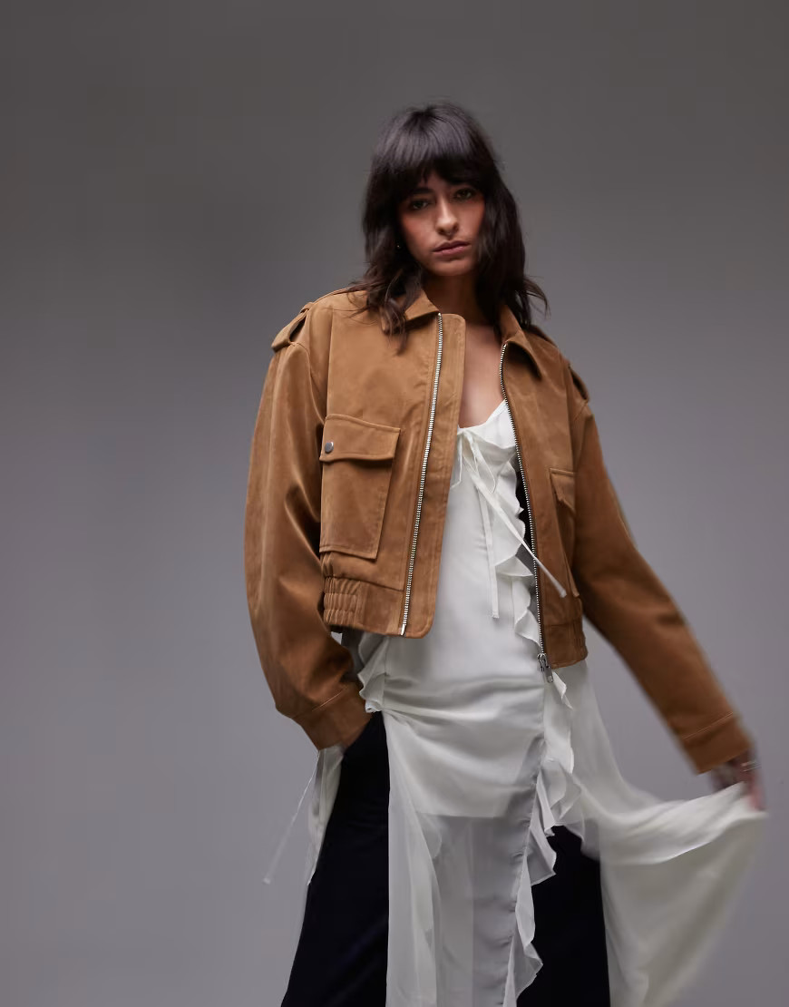 Topshop cropped faux suede bomber jacket with popper details in camel-Neutral | ASOS (Global)