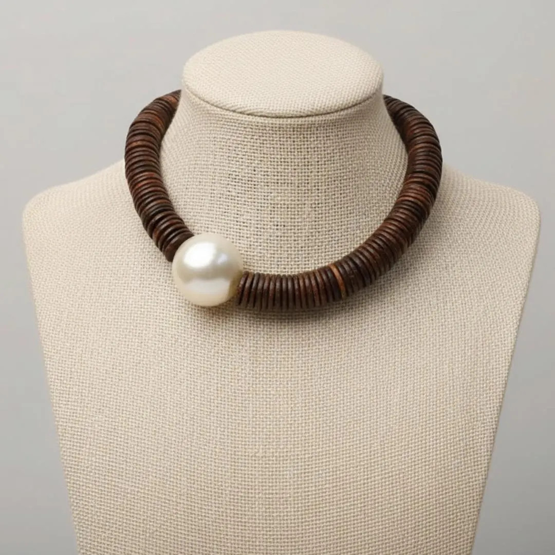 Boho Brown Necklace With Large Pearl Bold Earthy Jewelry for Women Minimalist Natural Statement D... | Etsy (Global)