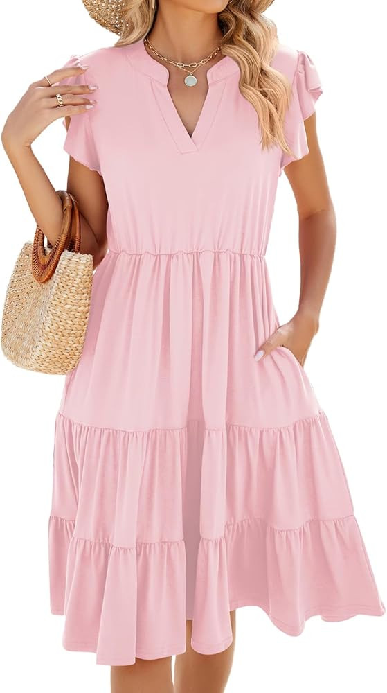 ebossy Women's Cute V Neck High Waist Pleated Ruffle Short Sleeve Tiered Mid Long Dress with Pock... | Amazon (US)