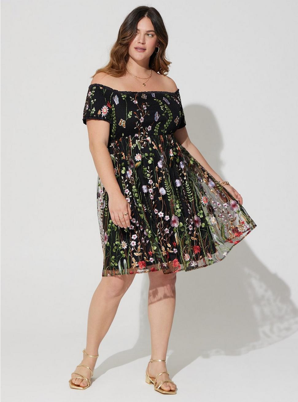 Smocked Bodice Off Shoulder Skater Dress - Black Lace | Torrid (US & Canada)