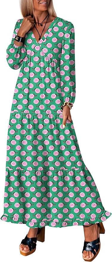 ANRABESS Womens Long Sleeve Boho Maxi Dress 2026 Fall V Neck Floral Striped Casual Loose Fit Beac... | Amazon (US)