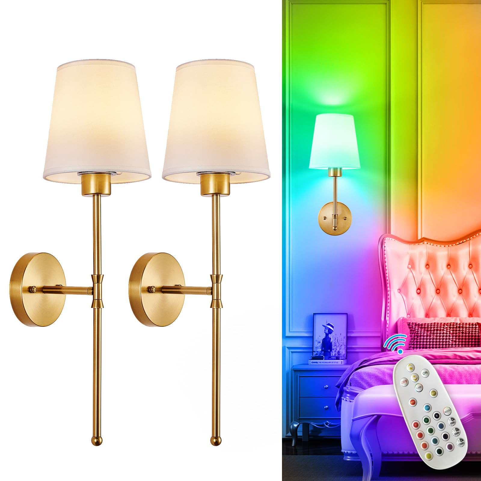 Depuley Battery Operated Wall Sconce: Set of 2 Wireless Wall Lights with Remote for Bedroom - Rechargeable 15 Colors Gold Wall Lamp for Living Room Hallway | Amazon (US)