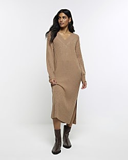 Brown rib jumper maxi dress | River Island (US)