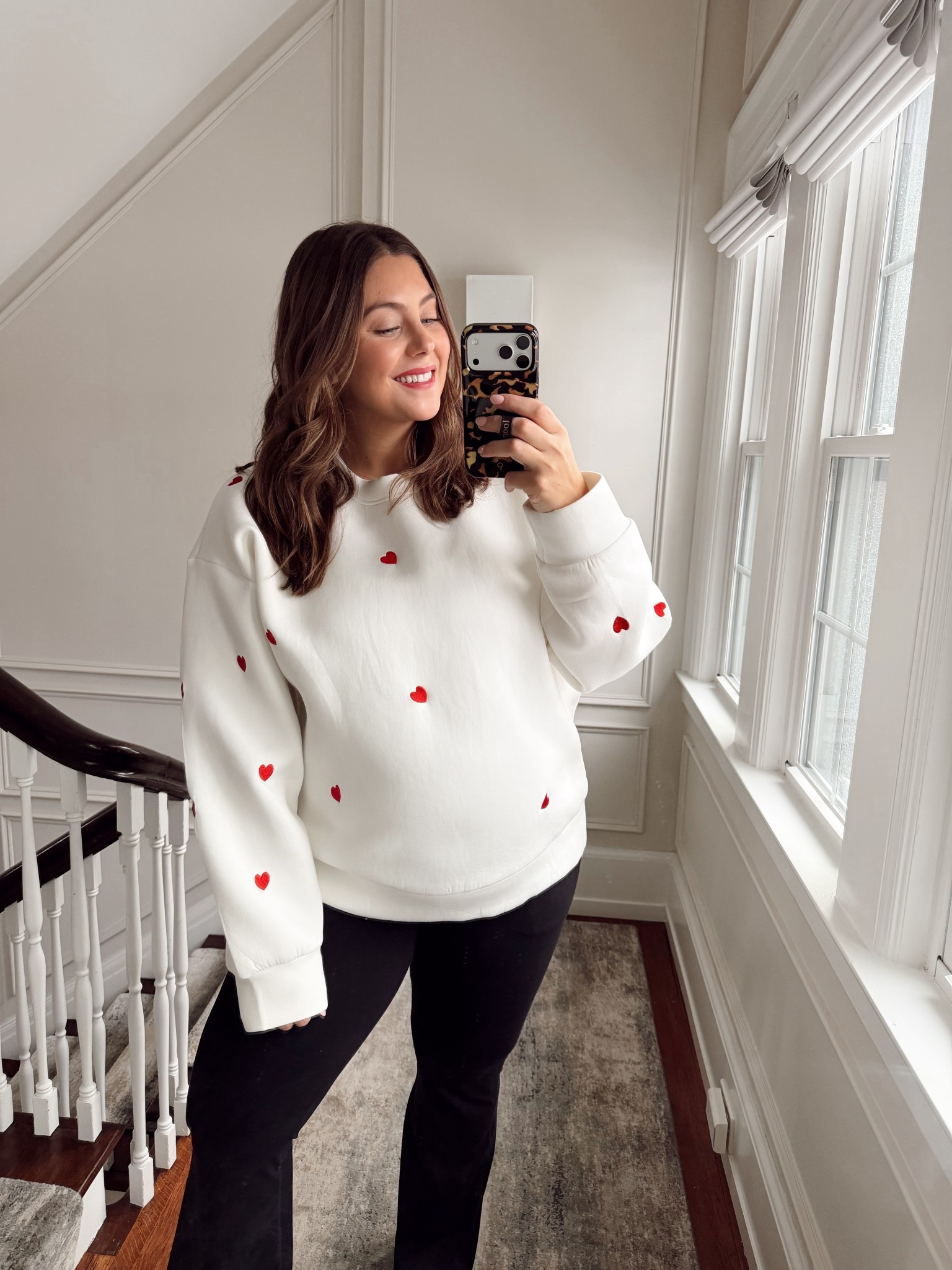 Festive button down for February - Valentine’s Day outfit inspo. Wearing size 2X in sweater, XL in flare leggings (sharing non-maternity styles too). 

#LTKootd #LTKValentine #LTKMidsize