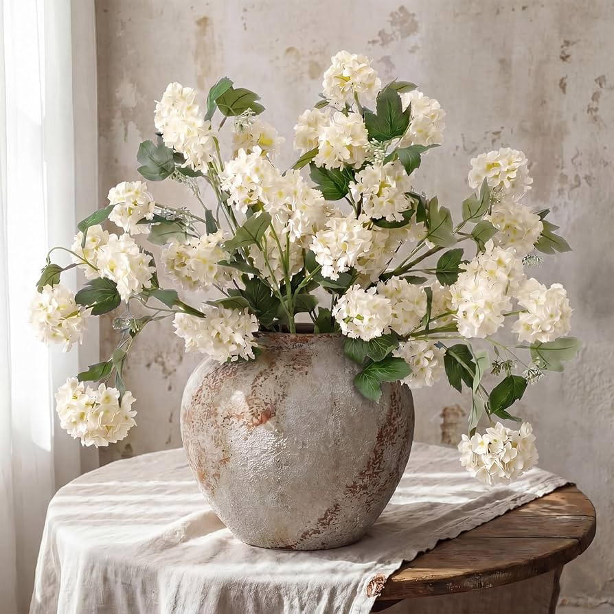 Kajaia 4 Pcs Artificial Snowball Hydrangea Branches 30 Inch Faux Snowball Viburnum Stems, 5 Head ... | Amazon (US)