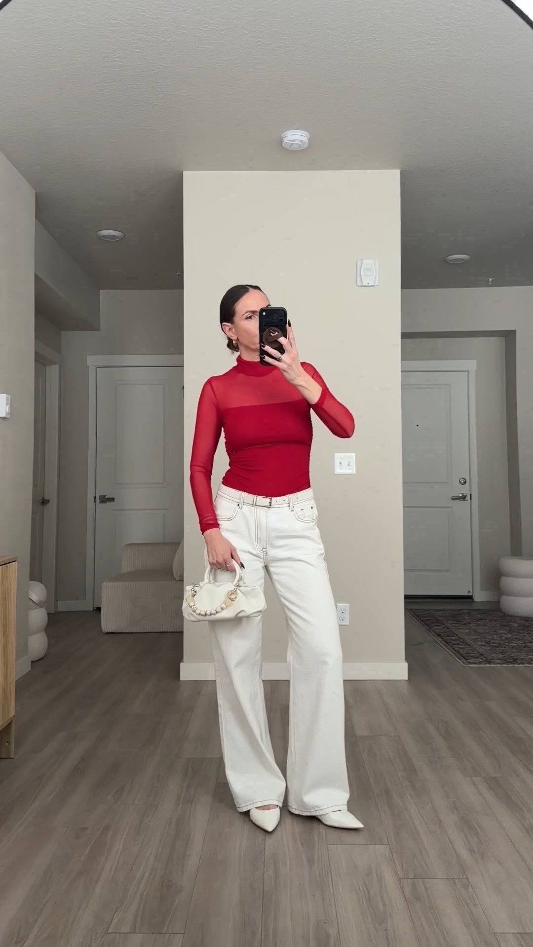 red valentine's day tops 
white wide leg jeans
