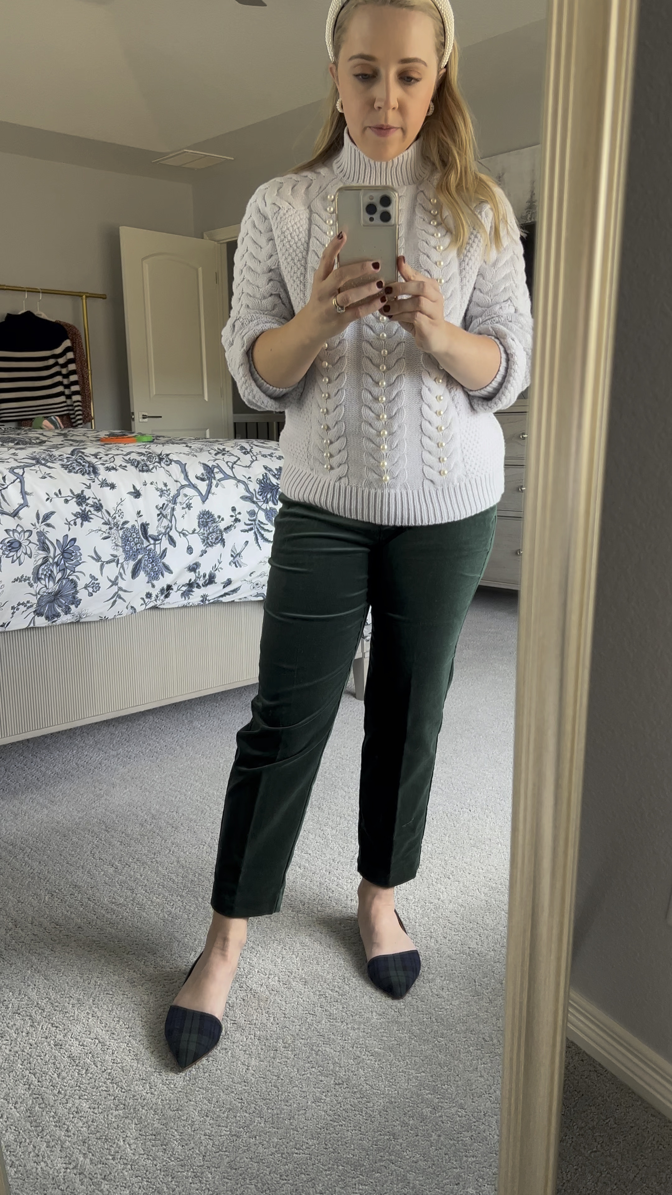 Alternative to heels are festive flats. Sharing similar options to these plaid flats. velvet pants in 4 petite. Fits true to size. Pearl sweater is small petite and fits true to size. Both sweater and pants are 40% off. Holiday outfit. Petite. Petite outfit. Holiday party. Petite pants. Cable sweater. Holiday shoes. 

#LTKsalealert #LTKHoliday