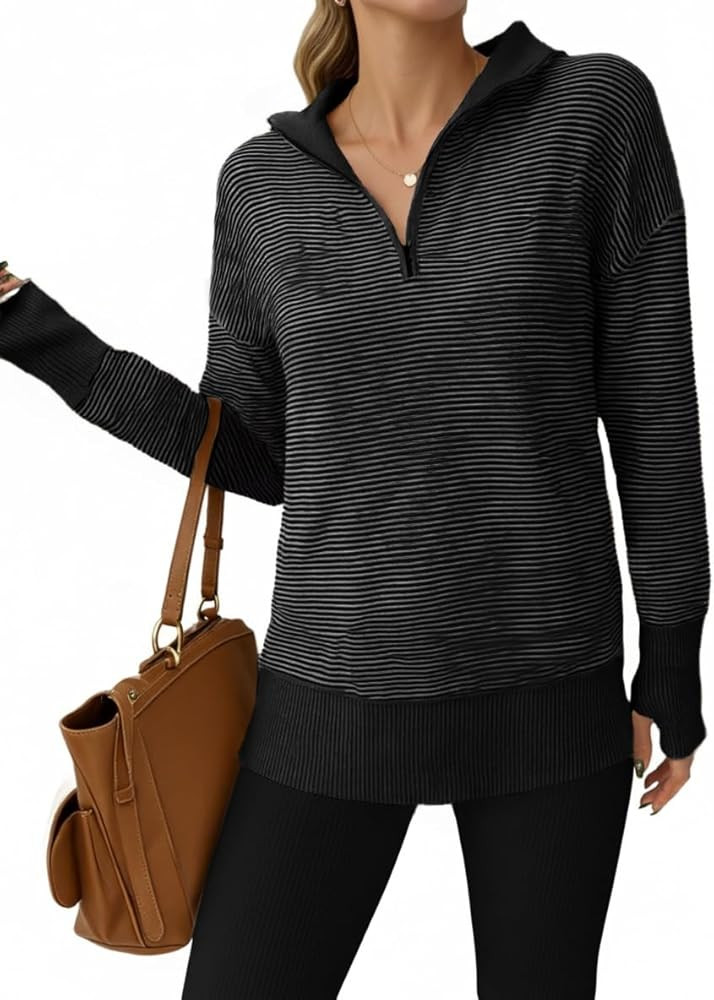 Saodimallsu Womens Quarter Zip Sweaters Striped Color Block Knit Sweatshirt Casual Trendy Pullove... | Amazon (US)