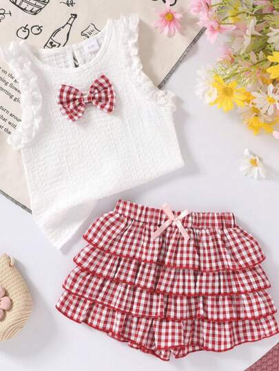 2pcs/Set Girls Soft & Comfortable Casual Fashion Cute Bow Decor Knitted Plaid T-Shirt Vest Paired... | SHEIN