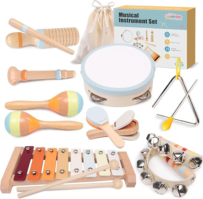 Toddler Musical Instruments Set - Montessori Toys Wooden Percussion Baby Drum Xylophone Maracas S... | Amazon (US)