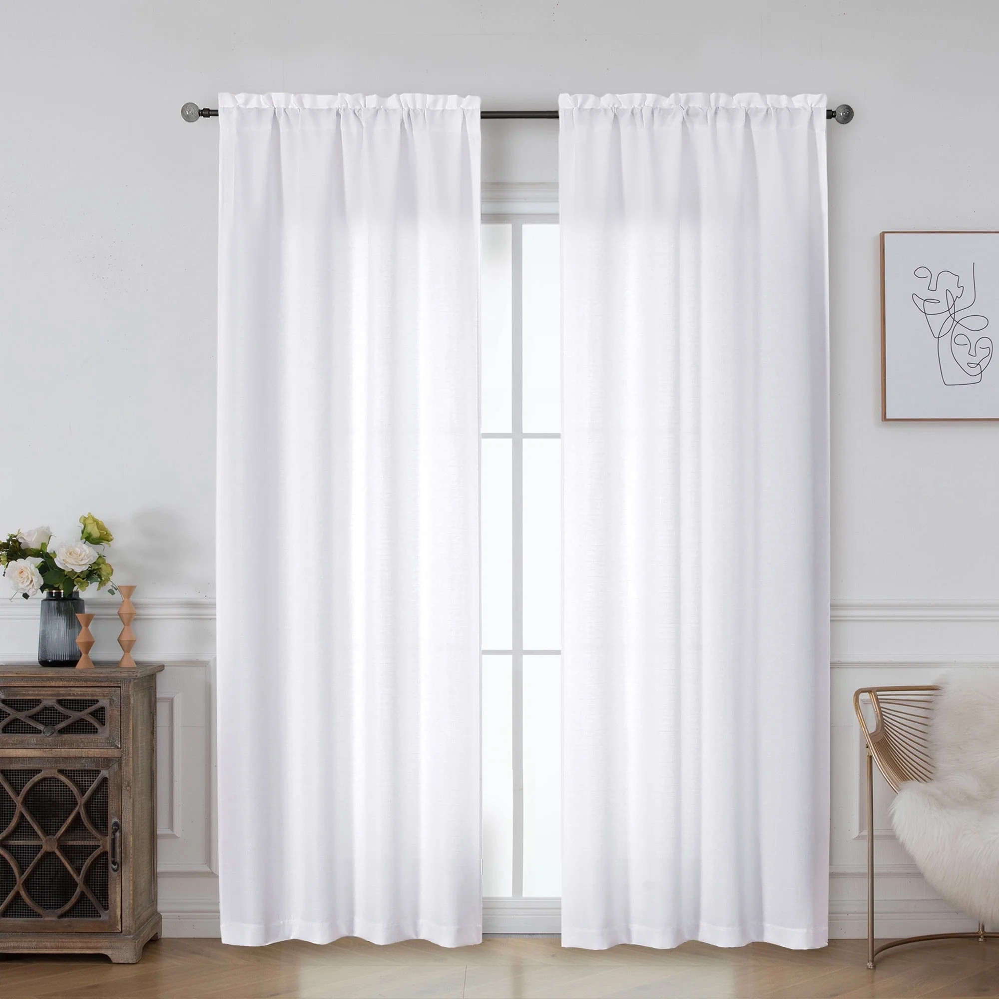 OVZME Bethany Faux Linen White Curtains 84 Inches Long 2 Panels Set, Solid Soft Airy Light Filter... | Walmart (US)