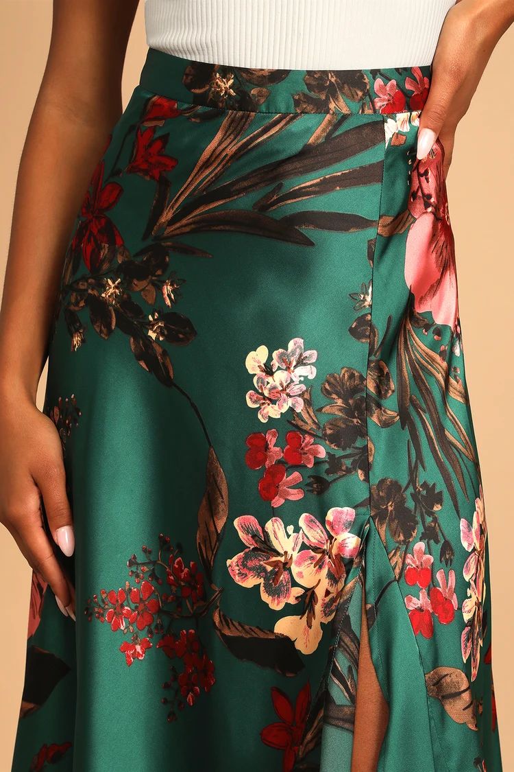 Superbly Stunning Emerald Green Floral Print Satin Maxi Skirt | Lulus (US)