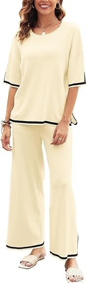 oten Womens Knit 2 Piece Sweater Sets Half Sleeve Pullover Tops Elastic Waist Wide Leg Pants Loun... | Amazon (CA)