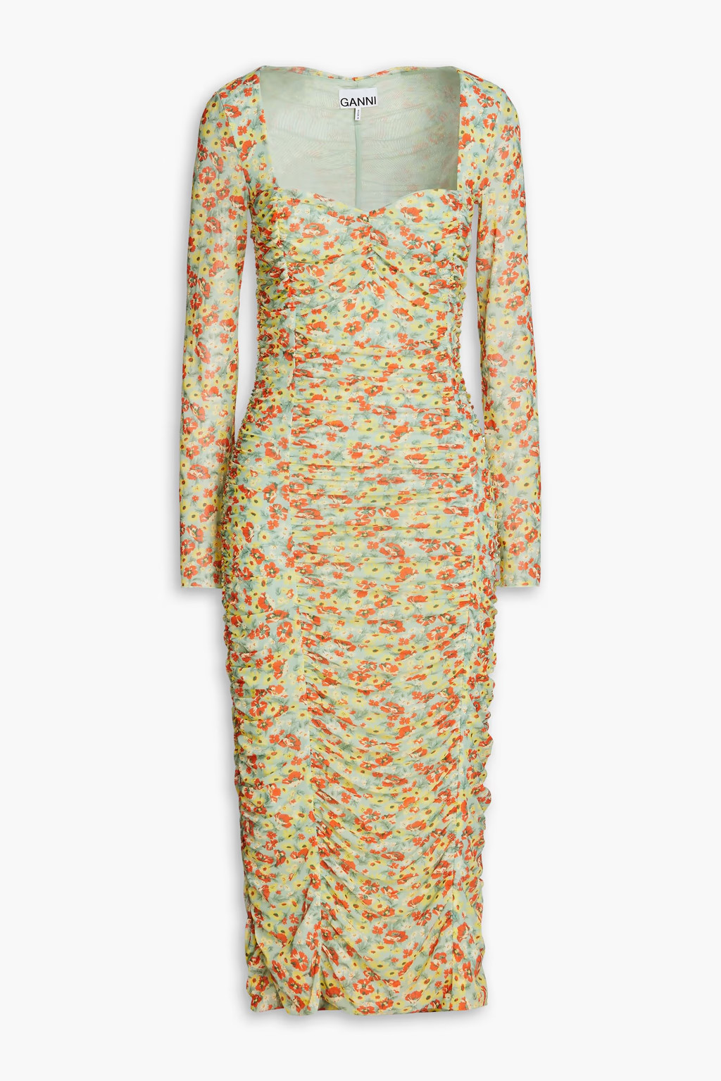 Ruched floral-print stretch-mesh midi dress | The Outnet (US and CA)