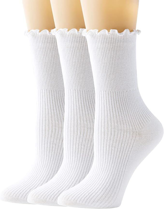 SEMOHOLLI Women Ruffle Socks, Ankle Socks Ruffle Turn-Cuff, Lovely Double Needle Solid Color Edge... | Amazon (US)