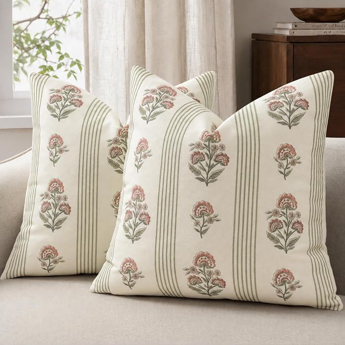 Vintage Throw Pillow Covers 20x20 Set of 2, Striped Floral Pillow Cover Botanical Patterned Decor... | Amazon (US)