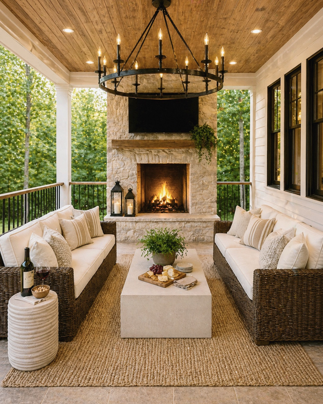 Obsessed with this cozy outdoor living + dining porch 🤍✨ This space is the definition of modern classic meets warm, inviting outdoor design—perfect for hosting or slow evenings by the fire.

Layered with neutral outdoor furniture, woven textures, and timeless finishes—think wicker sofas, plush cream cushions, a chunky jute rug, and a stone fireplace that anchors the entire space. The wood plank ceiling adds warmth while the oversized black iron chandelier + ceiling fan bring in that elevated contrast we all love.

The outdoor dining area is just as dreamy—featuring a rustic wood table, woven dining chairs, neutral place settings, and styled entertaining details like wine glasses, a glass pitcher, and layered serving pieces. The built-in outdoor kitchen with stainless steel grill, vent hood, and open wood shelving makes this porch feel like a true extension of the home.

If you’re looking to create a high-end outdoor space that feels cozy, functional, and timeless—this is it 🤍

Shop my porch + outdoor favorites on my LTK!

#ltkhome #ltkoutdoor #outdoorliving #outdoordesign #coveredporch #backporch #patioinspiration #outdoorfurniture #wickerfurniture #neutralhome #modernclassic #cozyhome #outdoorentertaining #patioseason #homedecorideas #fireplacegoals #outdoordining #porchdesign #southernhome #interiordesignstyle #classicinteriors #neutraldecor #juterug #woodceiling #blackaccents #outdoorkitchen #entertainingathome #homesweethome

#LTKSaleAlert #LTKSeasonal #LTKHome