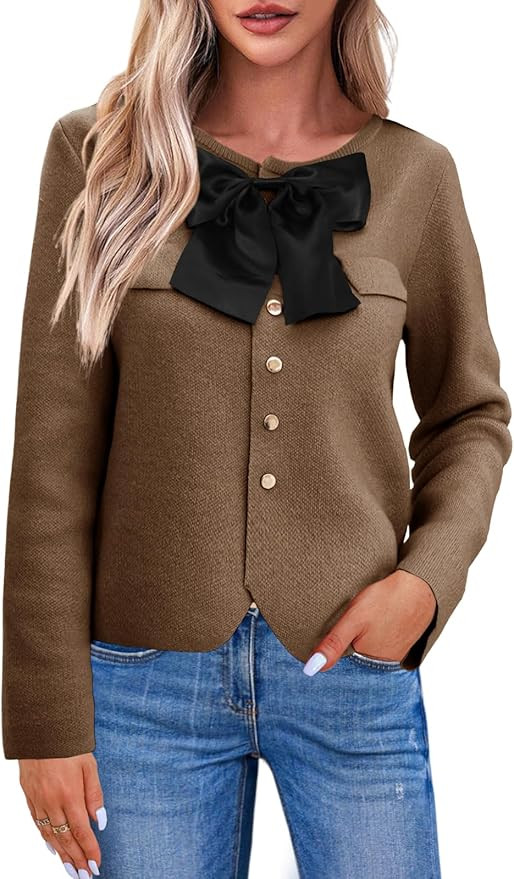 Saodimallsu Womens Button Down Cropped Cardigan Sweaters Cute Bow Long Sleeve Crew Neck Knit Swea... | Amazon (US)