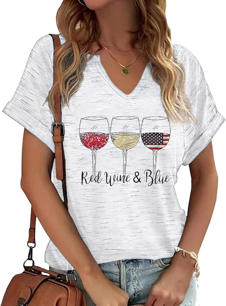 Patriotic V Neck Shirts 4th of July for Women American Flag Graphic Tee Casual Color Block Short ... | Amazon (US)