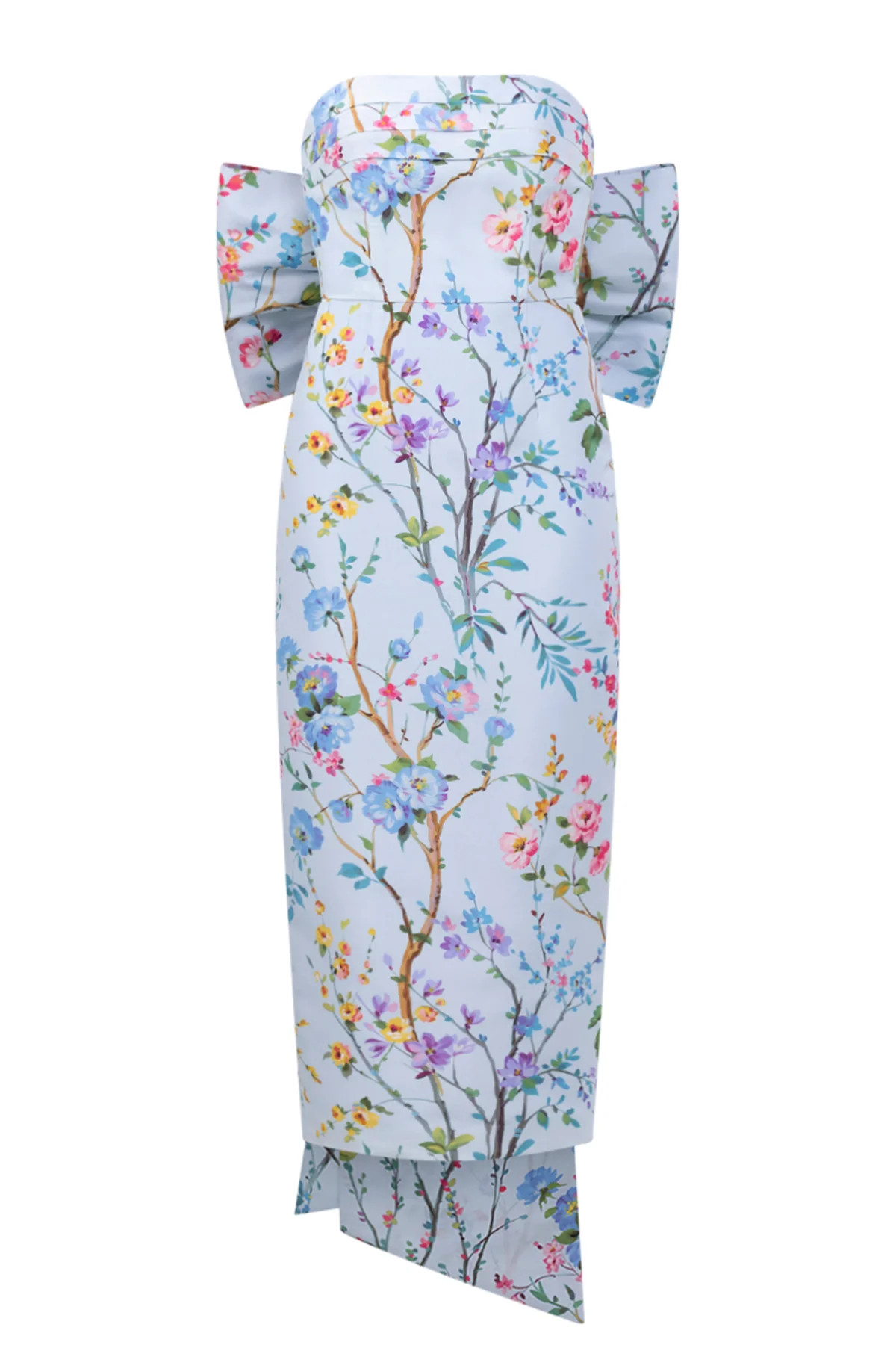 Margaret Garden Reverie Silk Faille Midi Dress in Light Blue Floral | Over The Moon