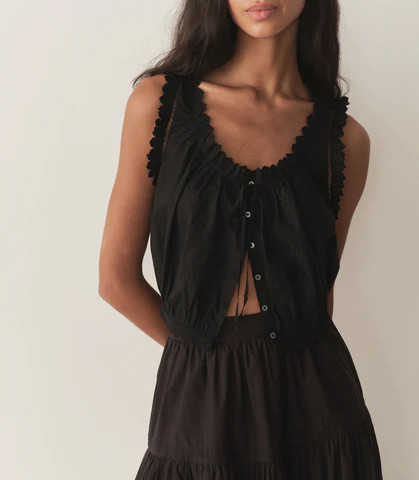 D�?EN Traveler Top -- Black - Size - Xxs Button Up Embroidered Feminine Victorian | DOEN