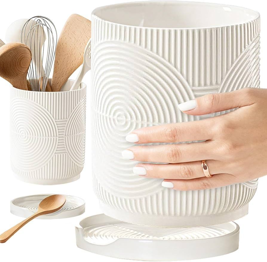 Swkien Utensil Holder, 7.2" Kitchen Utensil Holder for Counter, 2-in-1 Ceramic Cooking Utensils H... | Amazon (US)