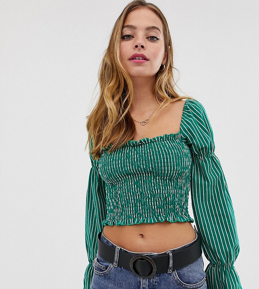 Glamorous Petite ruched crop top with long sleeves in mini spot-Green | ASOS (Global)